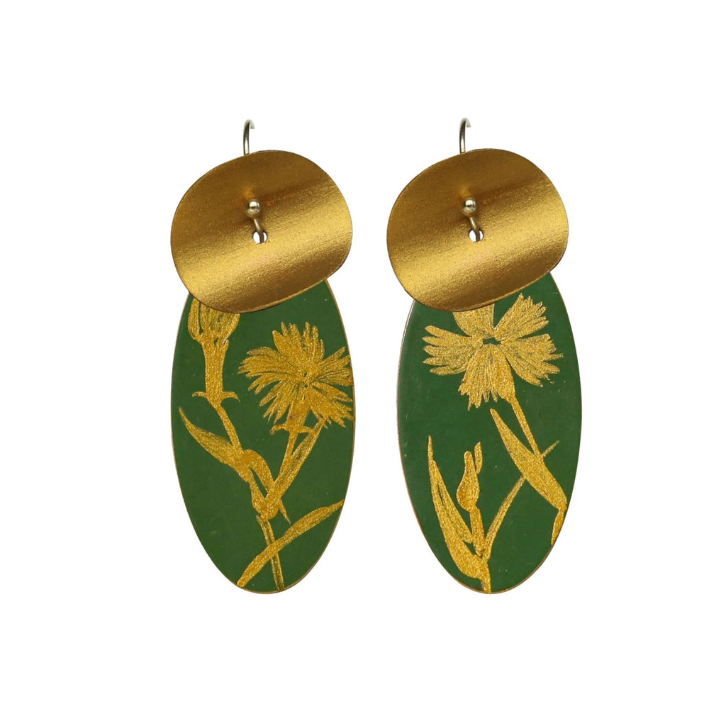 Gold and green earrings with floral design on a white background