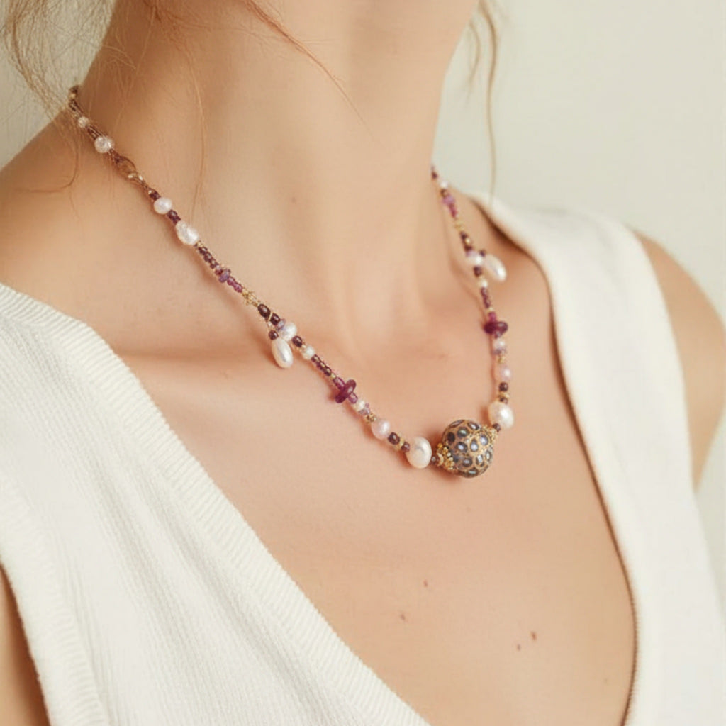 Laclume Lucky Lacquer Beads Necklace Bohemian Style Gold - Plated