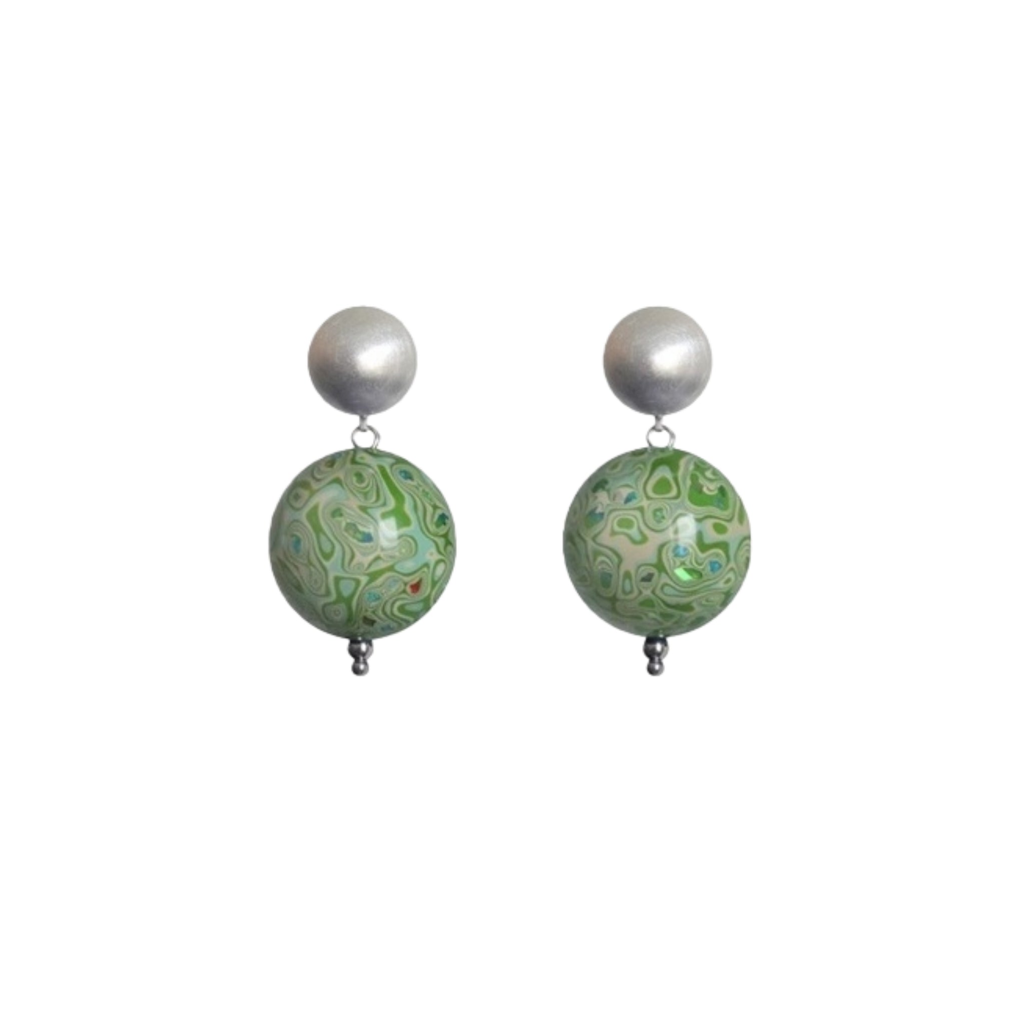 Pair of earrings with green marbled beads and silver tops on a white background