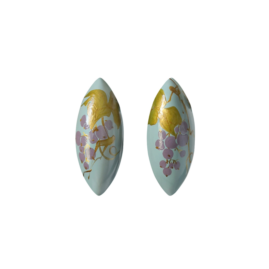 Pair of earrings with gold deer and purple flowers on a light blue  LacLume Handcrafted Lacquer Earrings Purple Berry Bubbles Niche Daily Stylebackground