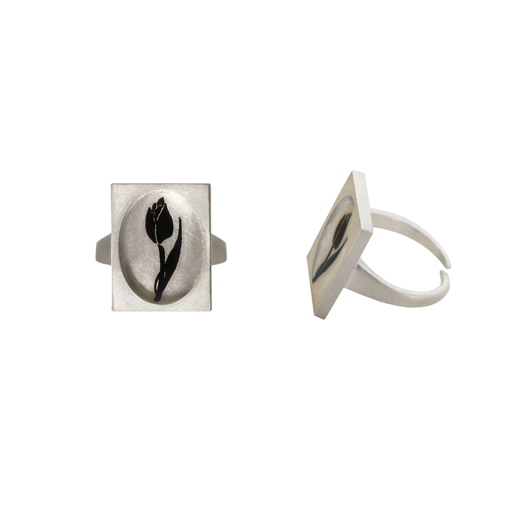 Silver ring with a black tulip design on a white background LacLume Handcrafted Tulip Ring Lacquer HandPainted Cool Minimalist Style