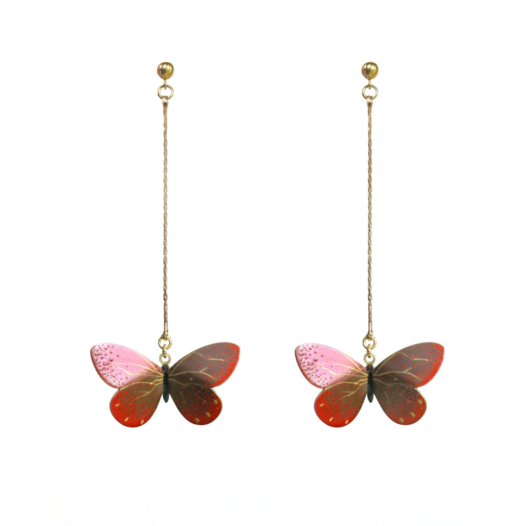 Butterfly-shaped earrings with pink and red wings on a white background