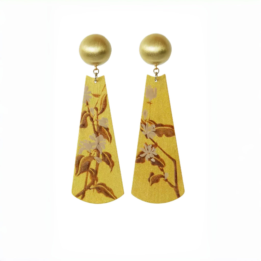 Yellow earrings with floral patterns and gold spherical tops on a white  LacLume Earrings Summer Jasmine Plant Pattern Jewelry Handmade Lacquer Jewelrybackground