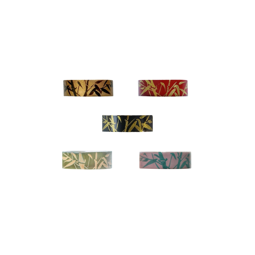 Set of five decorative tape rolls with various patterns on a white background LacLume HandPainted Lacquer Silver Ring Bamboo Pattern Handmade Silver Lacquerware