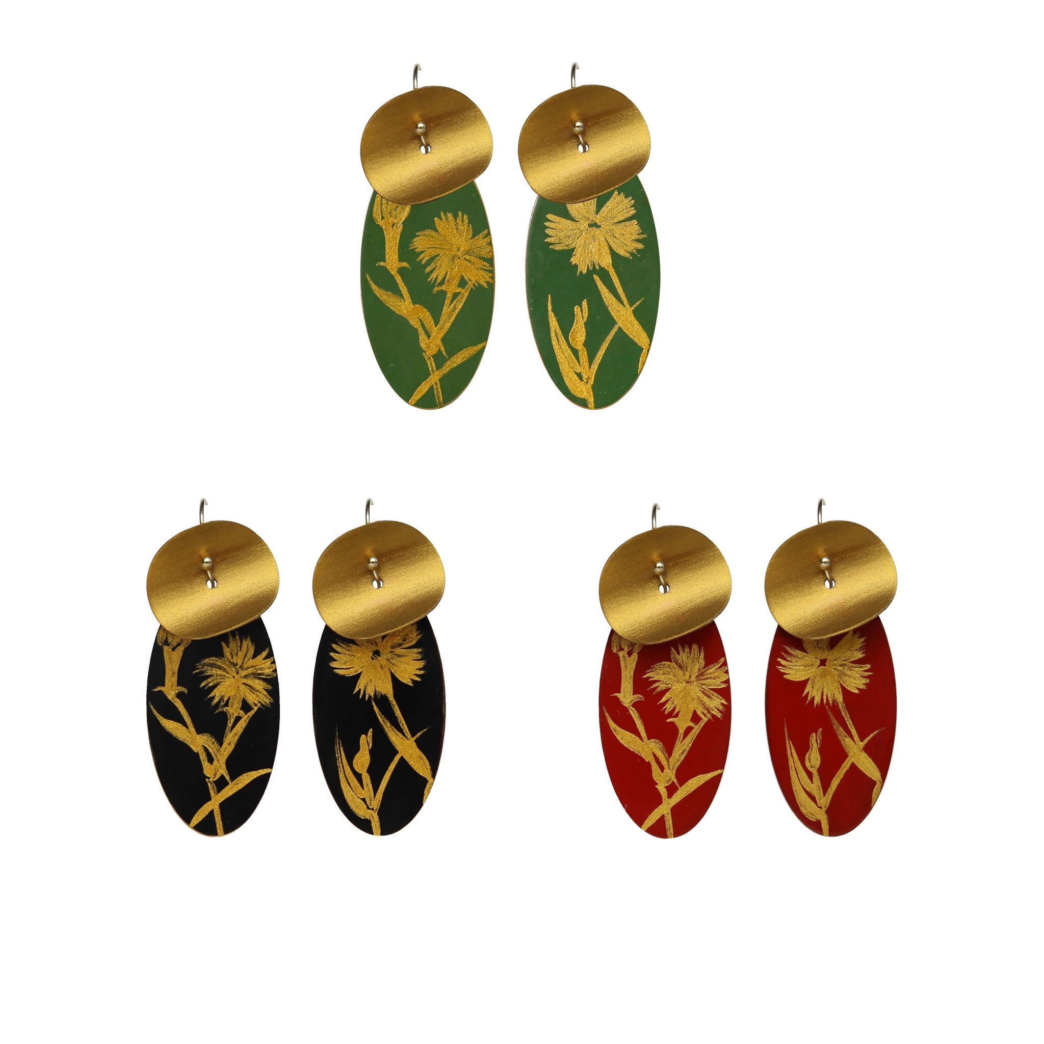 Set of four earrings with gold and green, gold and black, and gold and red designs on a white background.