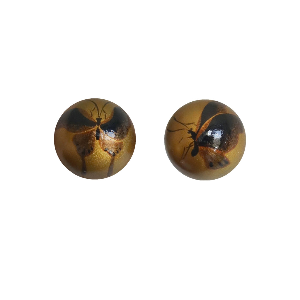 Two round brown objects with black patterns on a white background LacLume HandPainted Retro Autumn Butterfly Earrings Luxe Artisanal Lacquer Jewelry