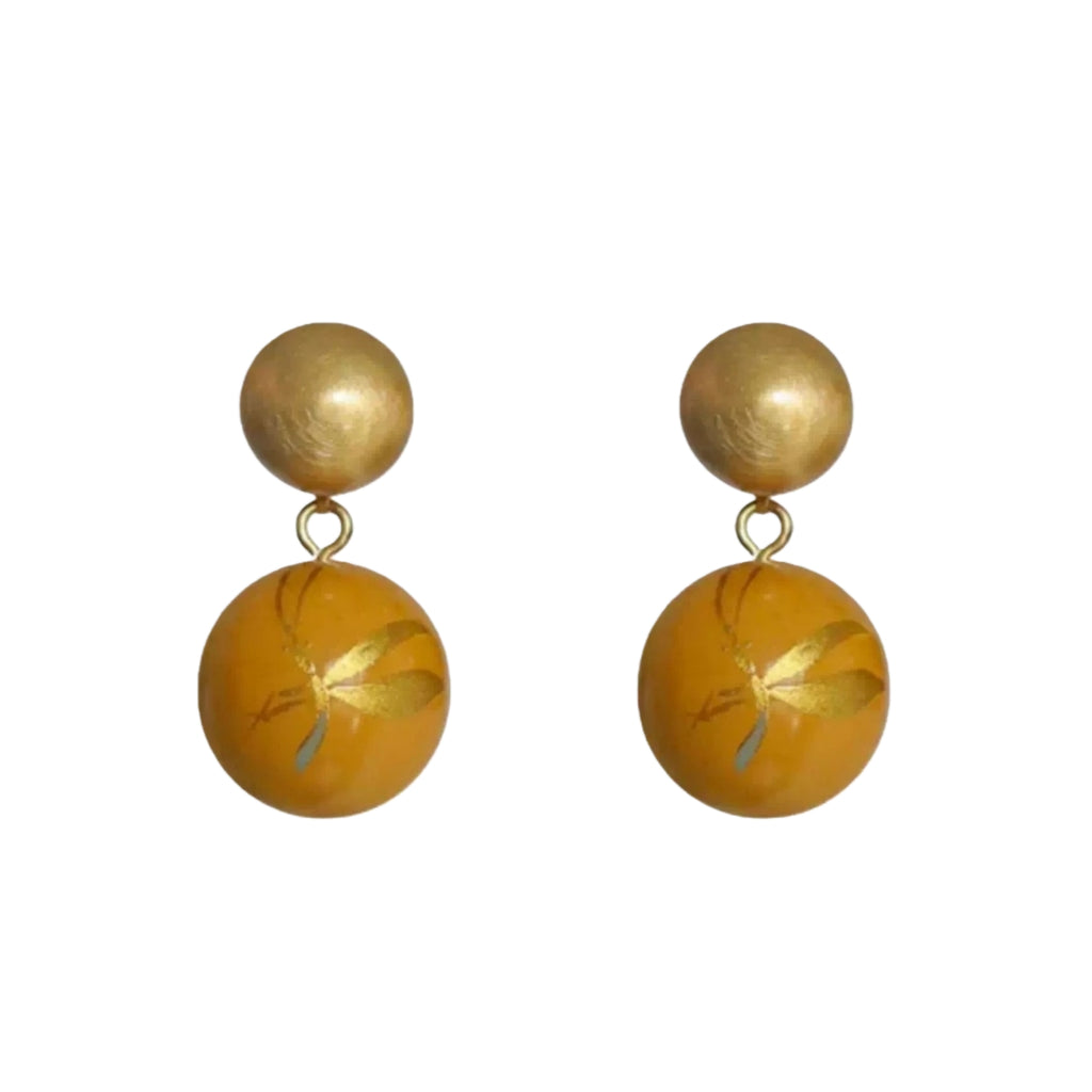 Pair of gold and yellow earrings on a white background