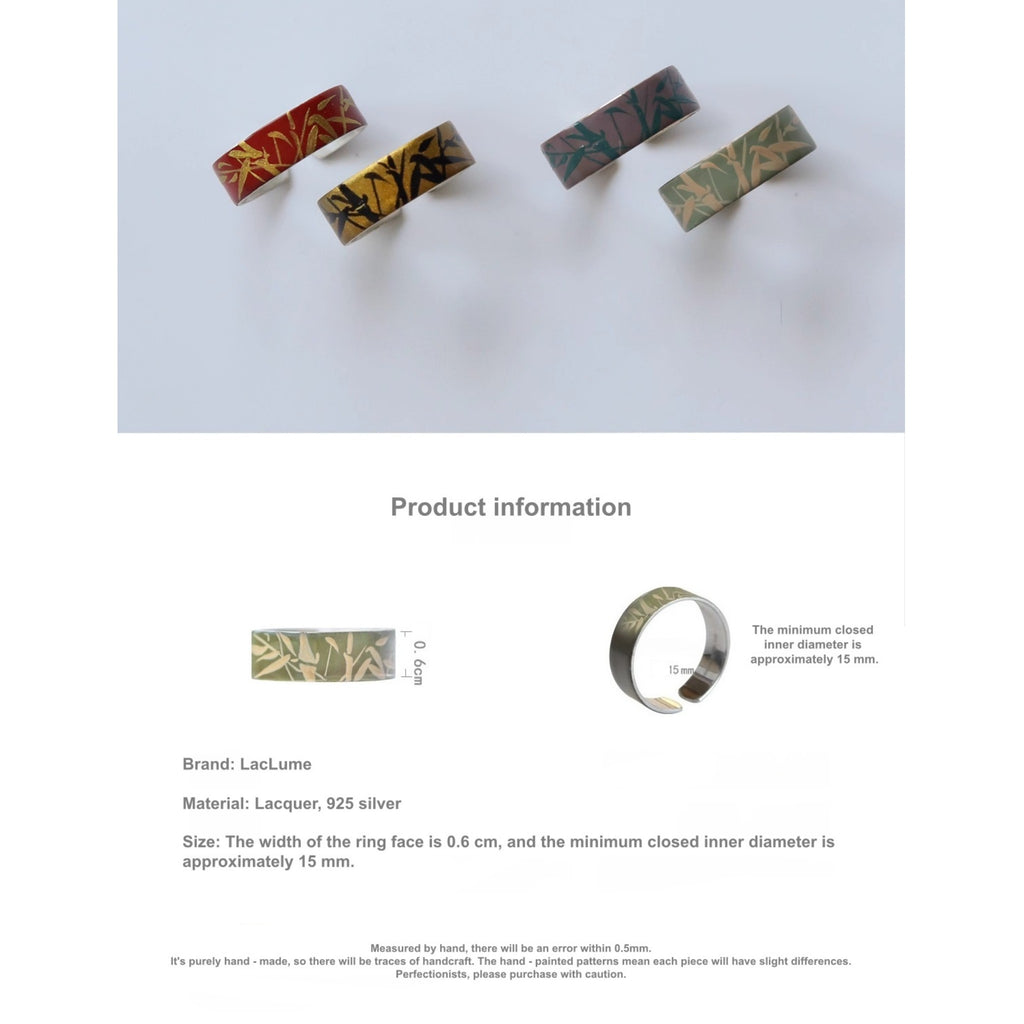 Set of four rings with different designs on a light gray background, accompanied by product information text. LacLume HandPainted Lacquer Silver Ring Bamboo Pattern Handmade Silver Lacquerware