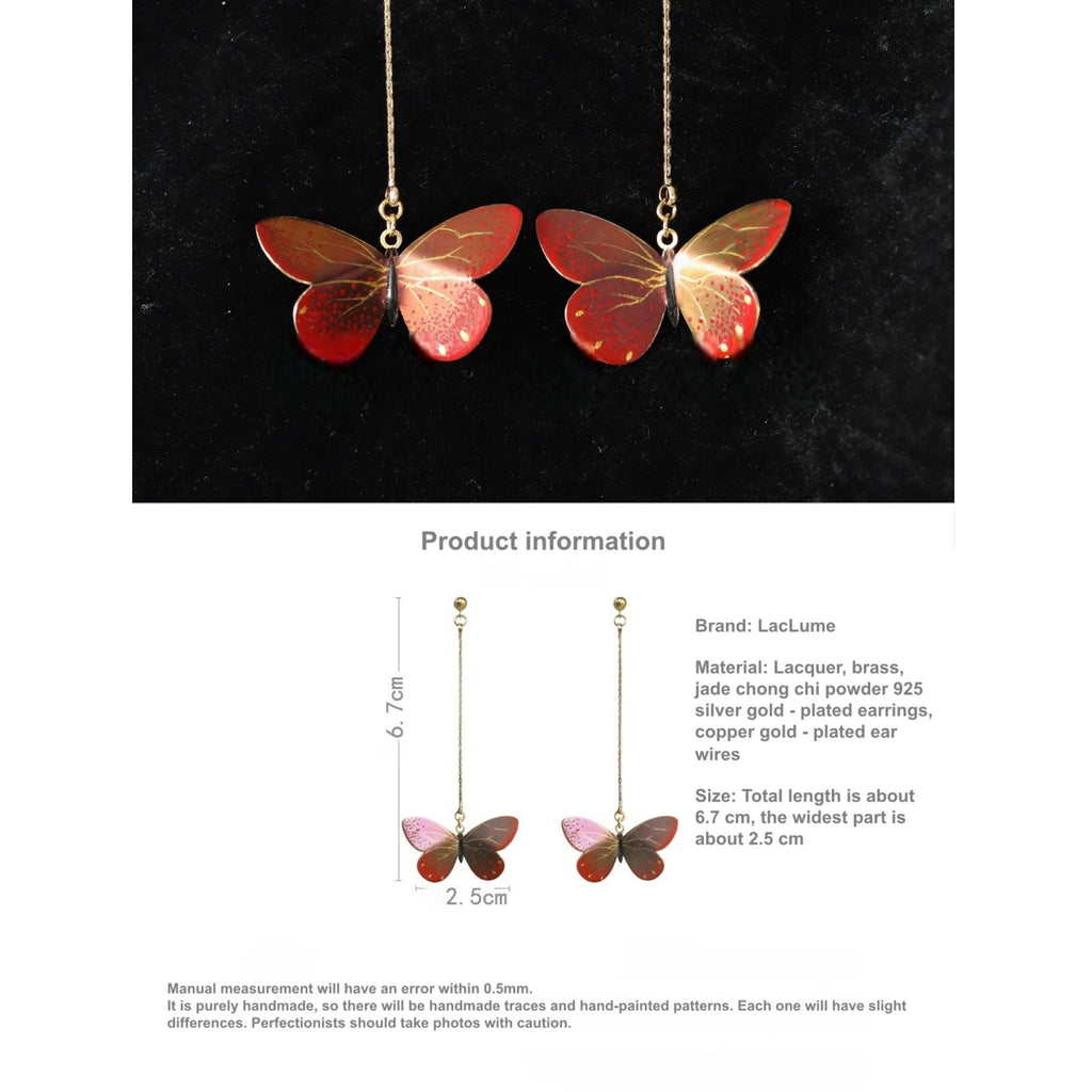Butterfly-shaped earrings with product information on a white background