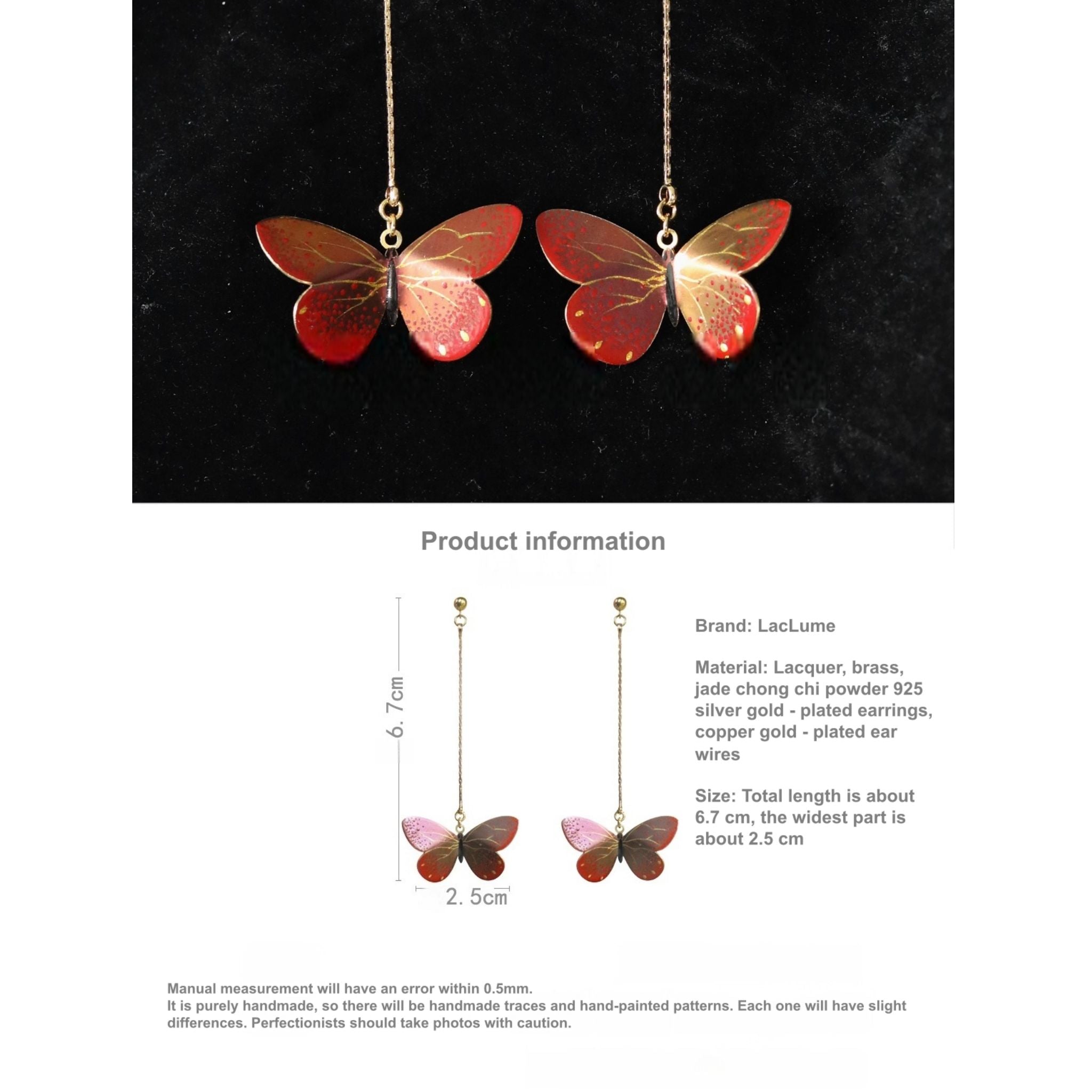 Butterfly-shaped earrings with product information on a white background