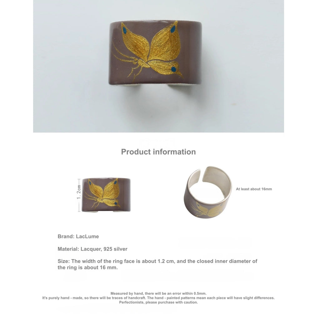 LacLume Butterfly Lacquer Gold HandPainted Butterfly Purple 925 Silver Ring