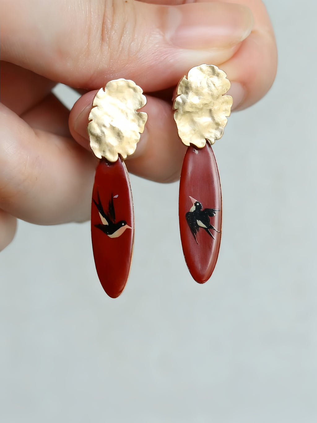 LacLume Lacquer Craft Hand-Painted Flying Swallow New Style Earrings - Hand-Made Copper Tire Lacquerware