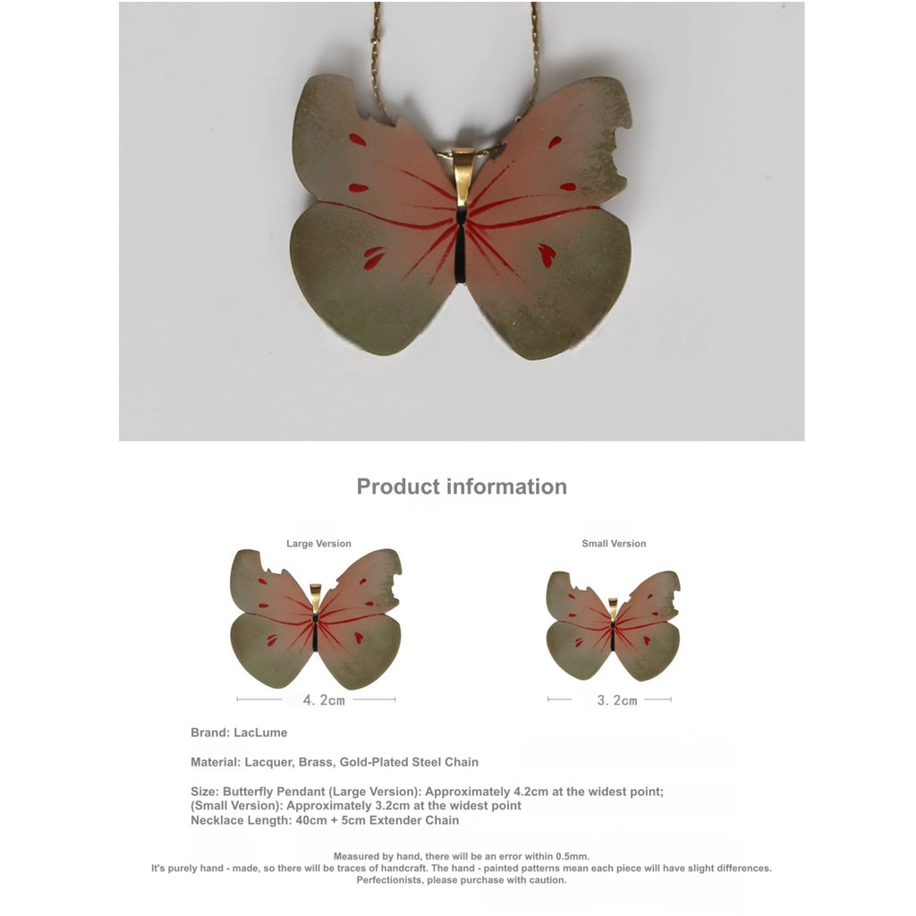 Butterfly-shaped pendant with product information on a light gray background