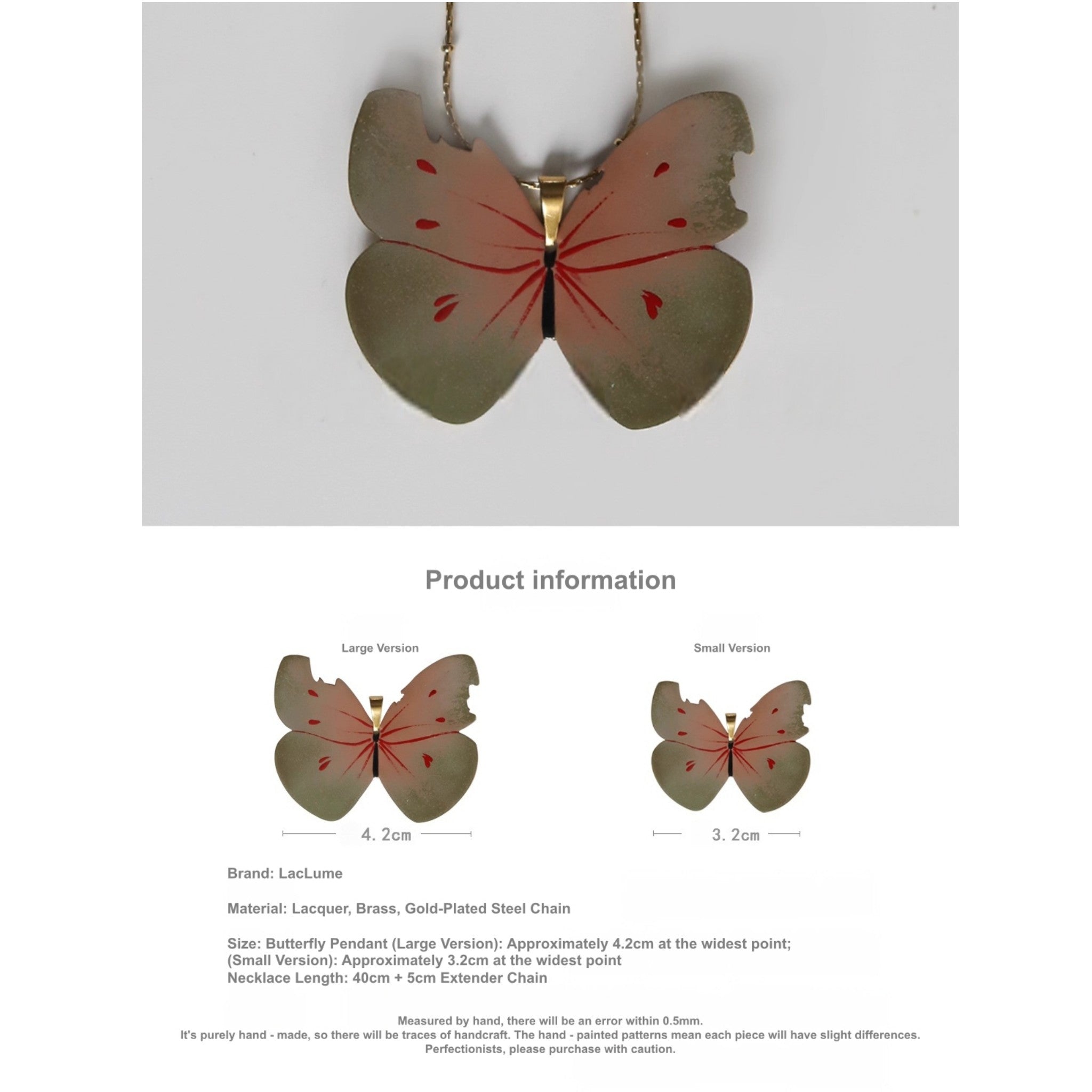 Butterfly-shaped pendant with product information on a light gray background