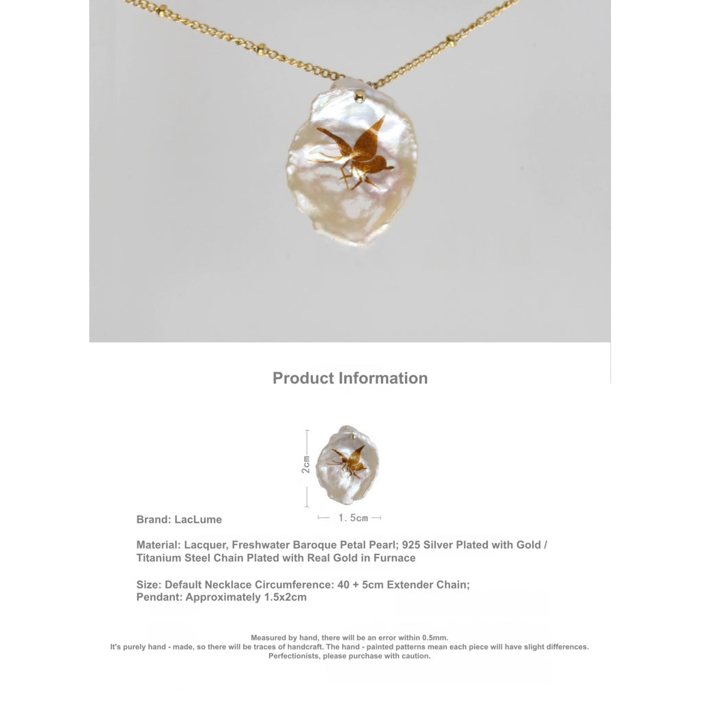 LacLume Handmade Lacquer Necklace Gold-Painted Butterfly Petal Pearl