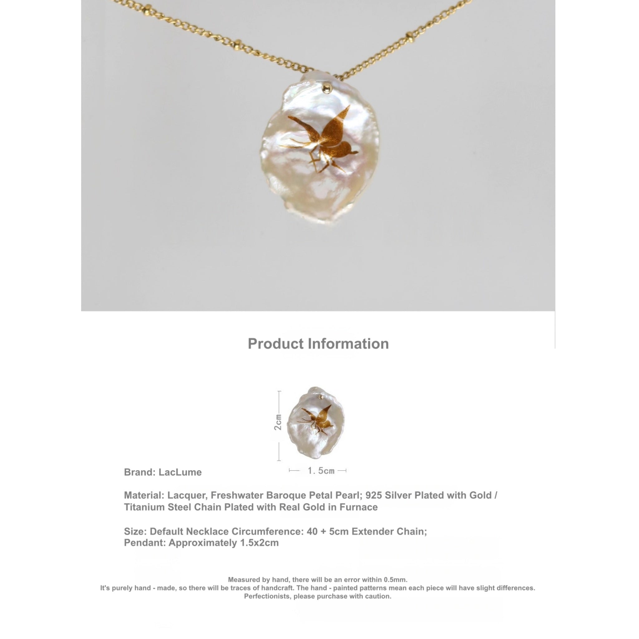 LacLume Handmade Lacquer Necklace Gold-Painted Butterfly Petal Pearl