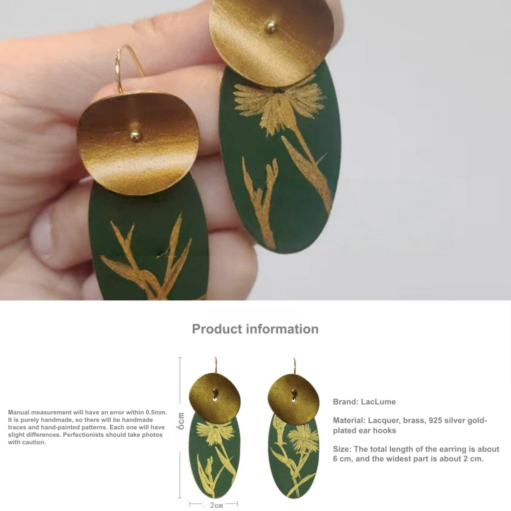 Green and gold earrings held in a hand with product information displayed below.