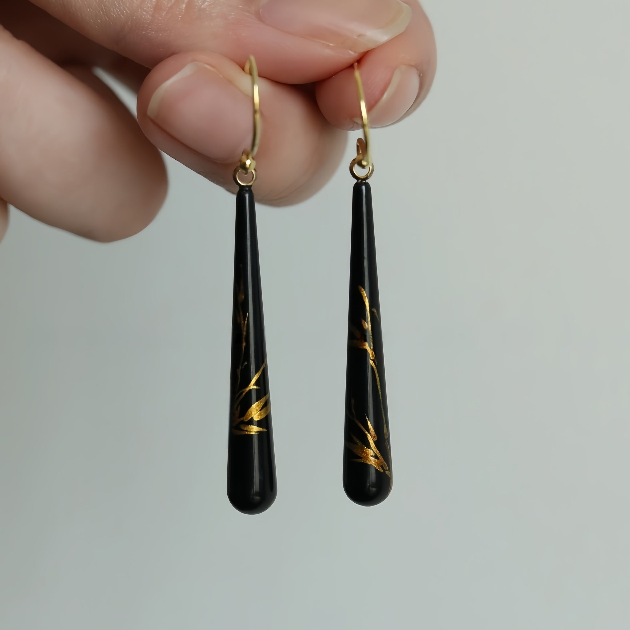 LacLume Lacquer Craft Hand Painted Bamboo Pattern Retro Style Earrings Handmade