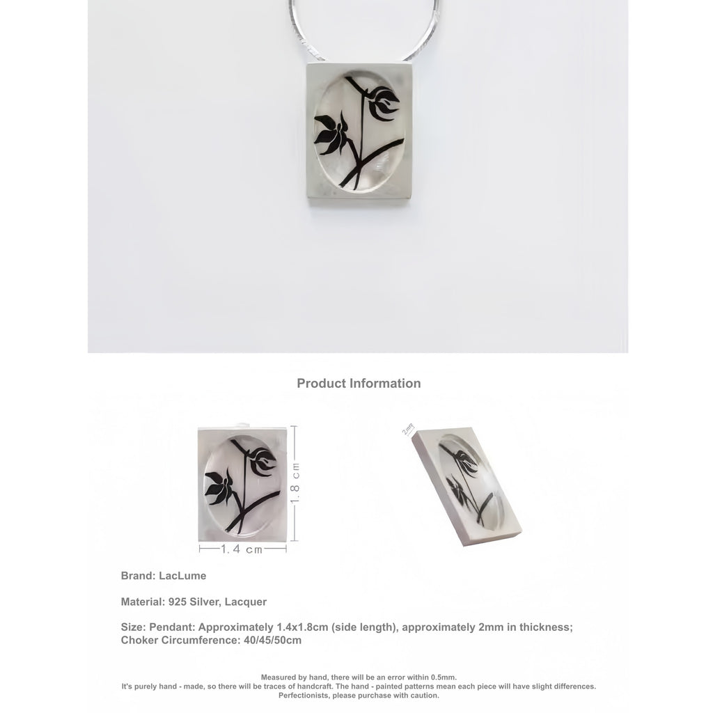 Silver pendant with black floral design on a white background LacLume Starry Sky Cosmos Flower Necklace Hand-Painted Lacquer Dreamy Vibe