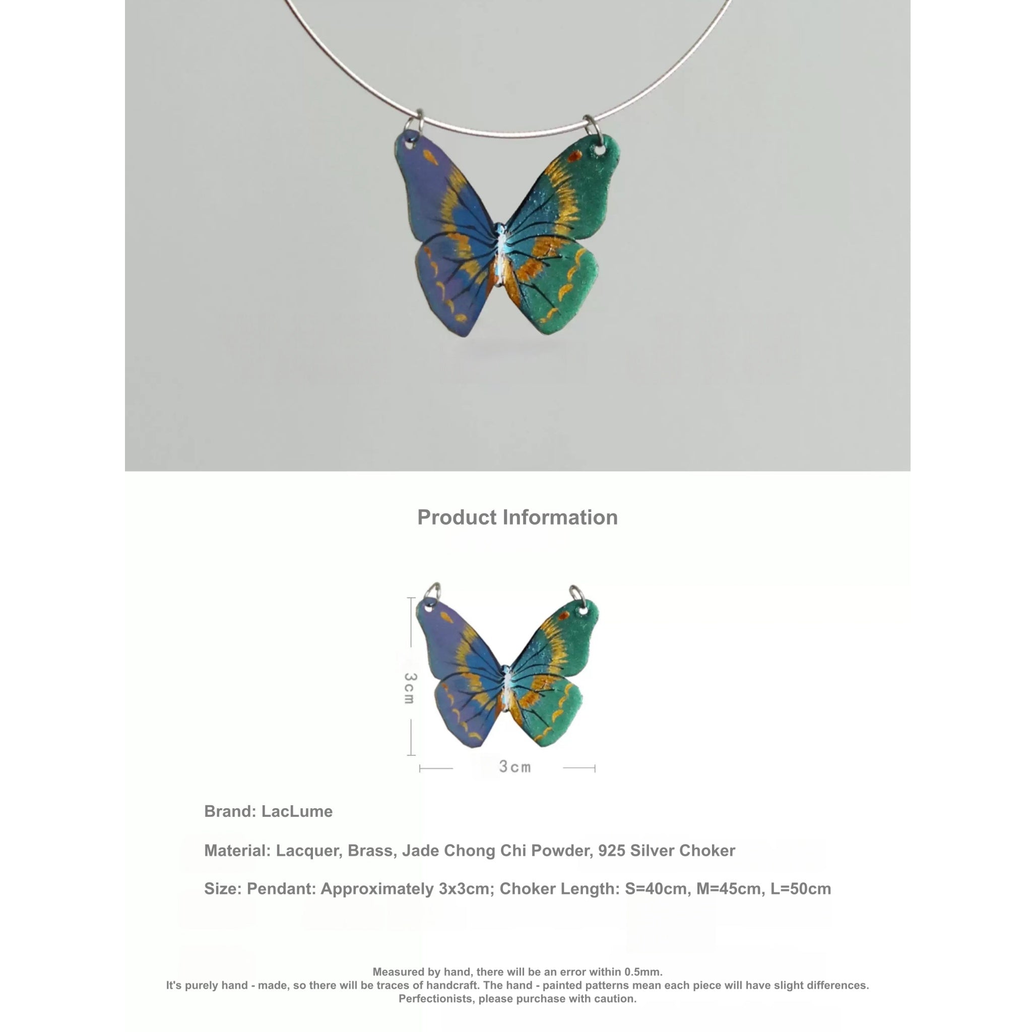 LacLume Hand-Painted Polarized Lacquer Butterfly Necklace Handmade Copper Lacquer Jewelry