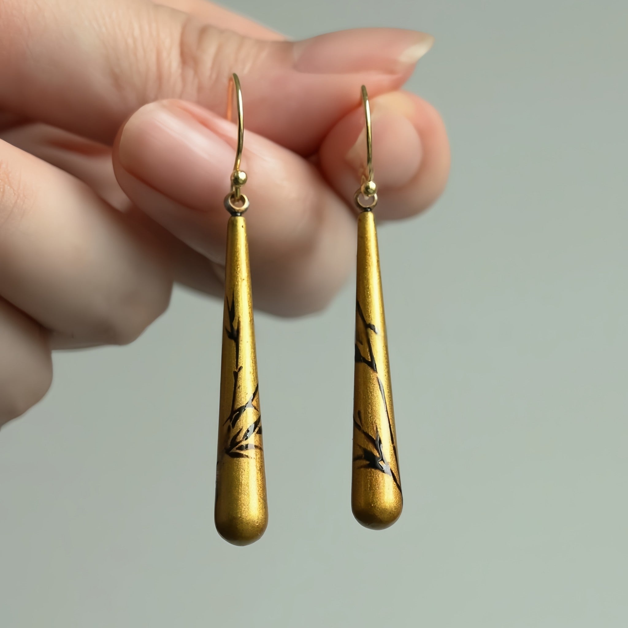 LacLume Lacquer Craft Hand Painted Bamboo Pattern Retro Style Earrings Handmade