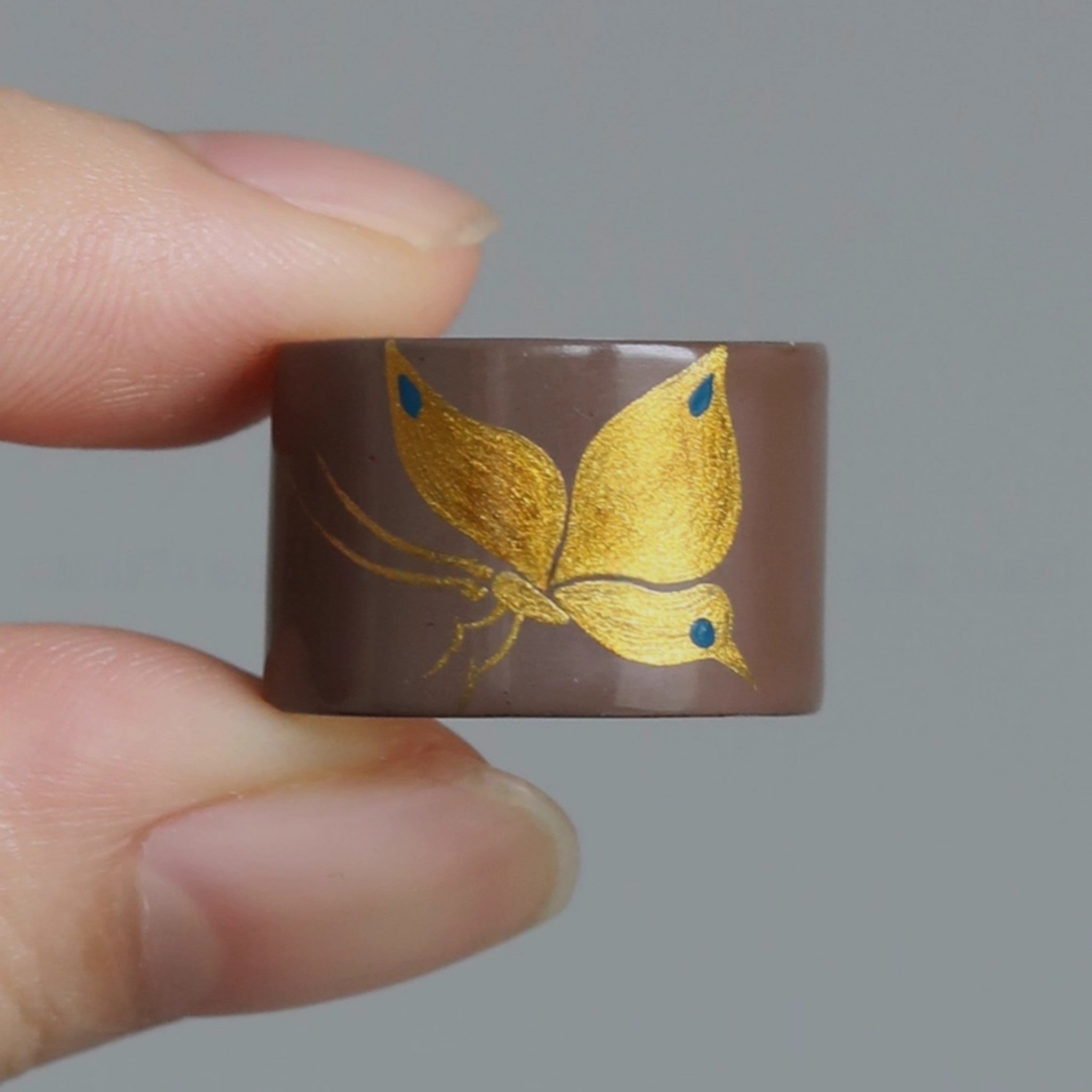 LacLume Butterfly Lacquer Gold HandPainted Butterfly Purple 925 Silver Ring