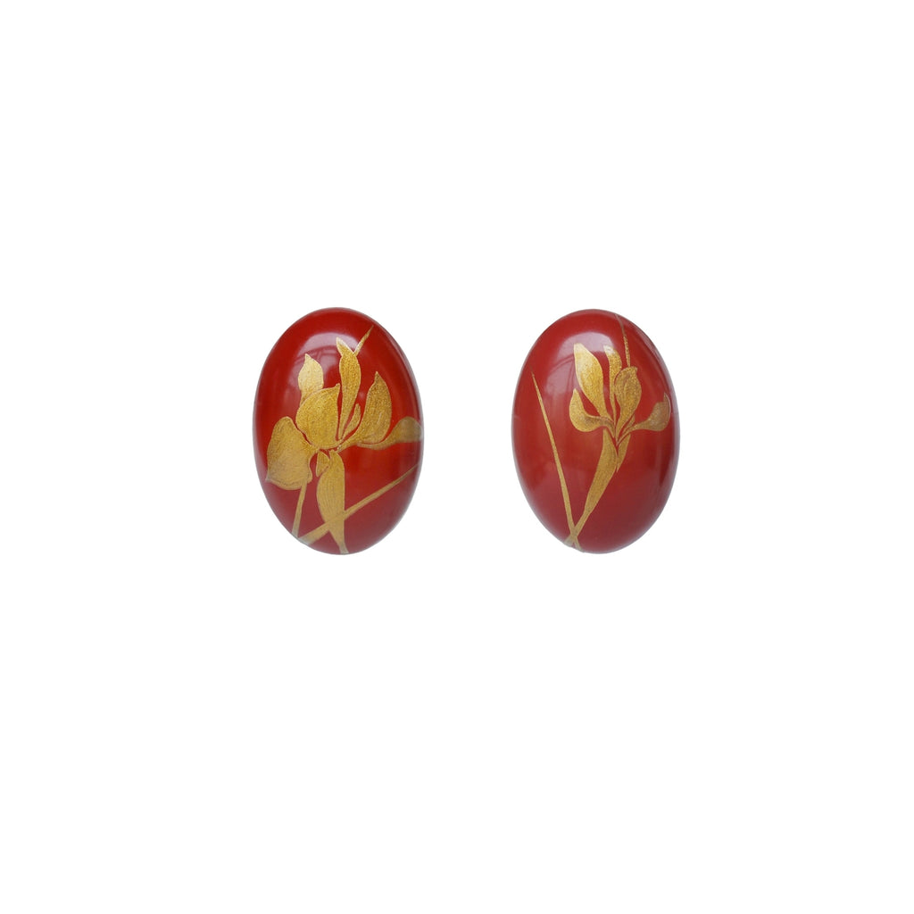 LacLume Original Iris Lacquer Earrings with Gold Traced Hand-Painted Iris Flowers Red