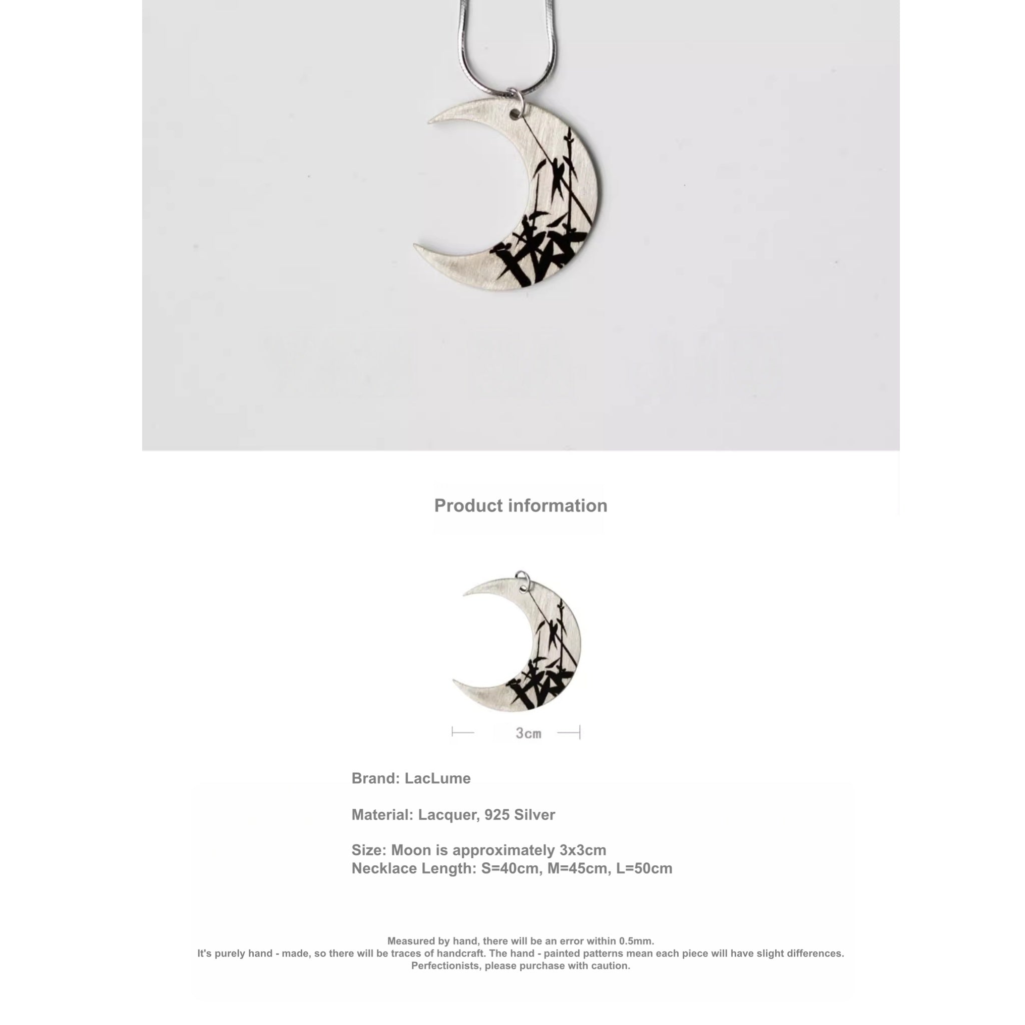 LacLume HandPainted Lacquer Crescent Necklace Moon Shadow Bamboo Pattern Silver Lacquerware
