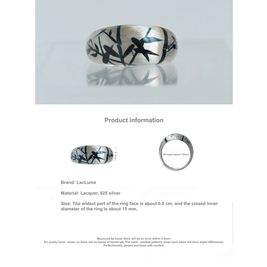 Silver ring with black design on a light gray background LacLume Original Lacquer HandPainted Bamboo Pattern Silver Ring