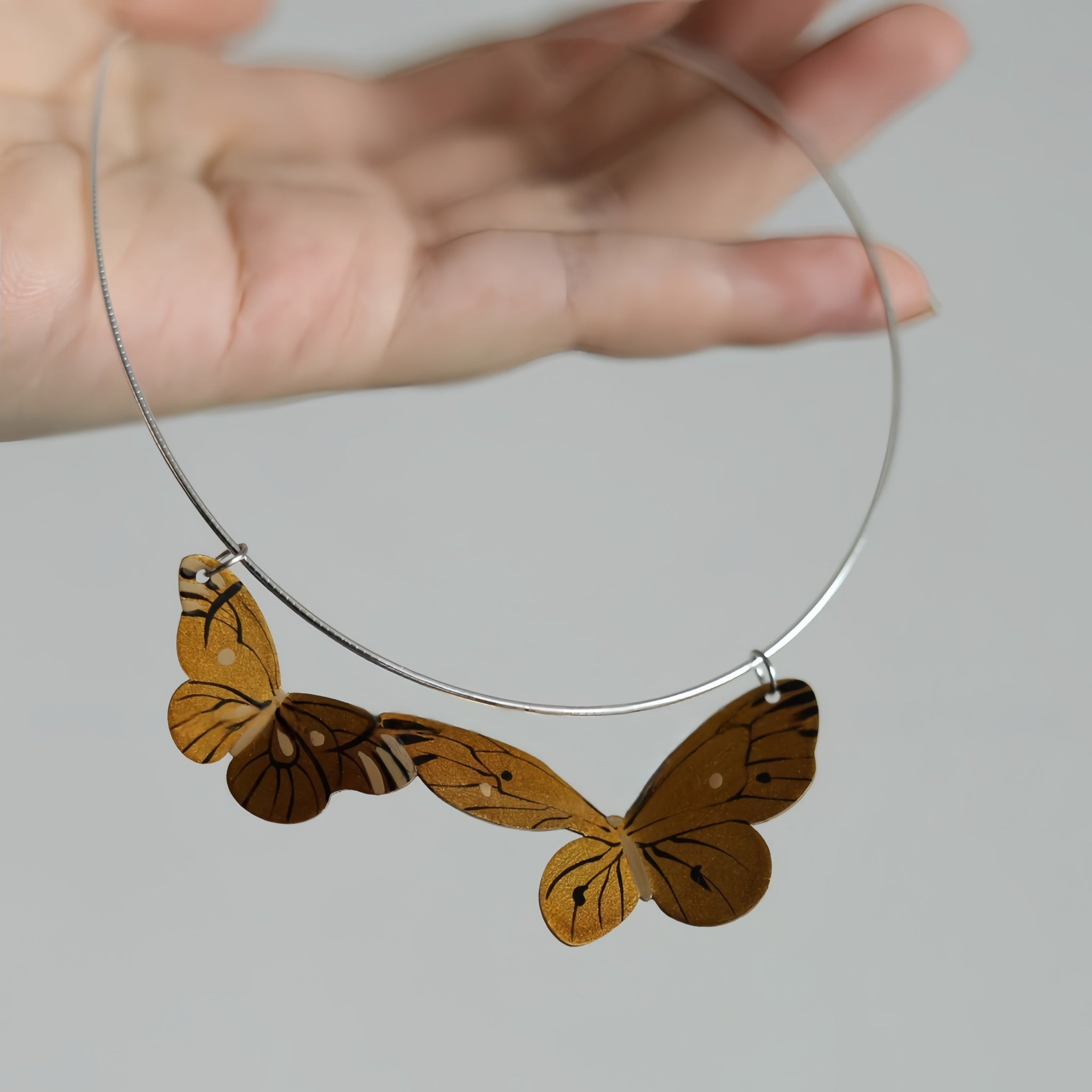 Handcrafted Lacquer Vintage Style Copper Lacquer Necklace Gold-Butterfly Hand-Painted