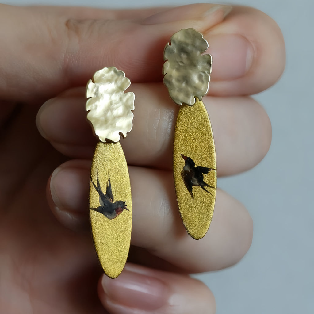 LacLume Lacquer Craft Hand Painted Flying Swallow Earrings