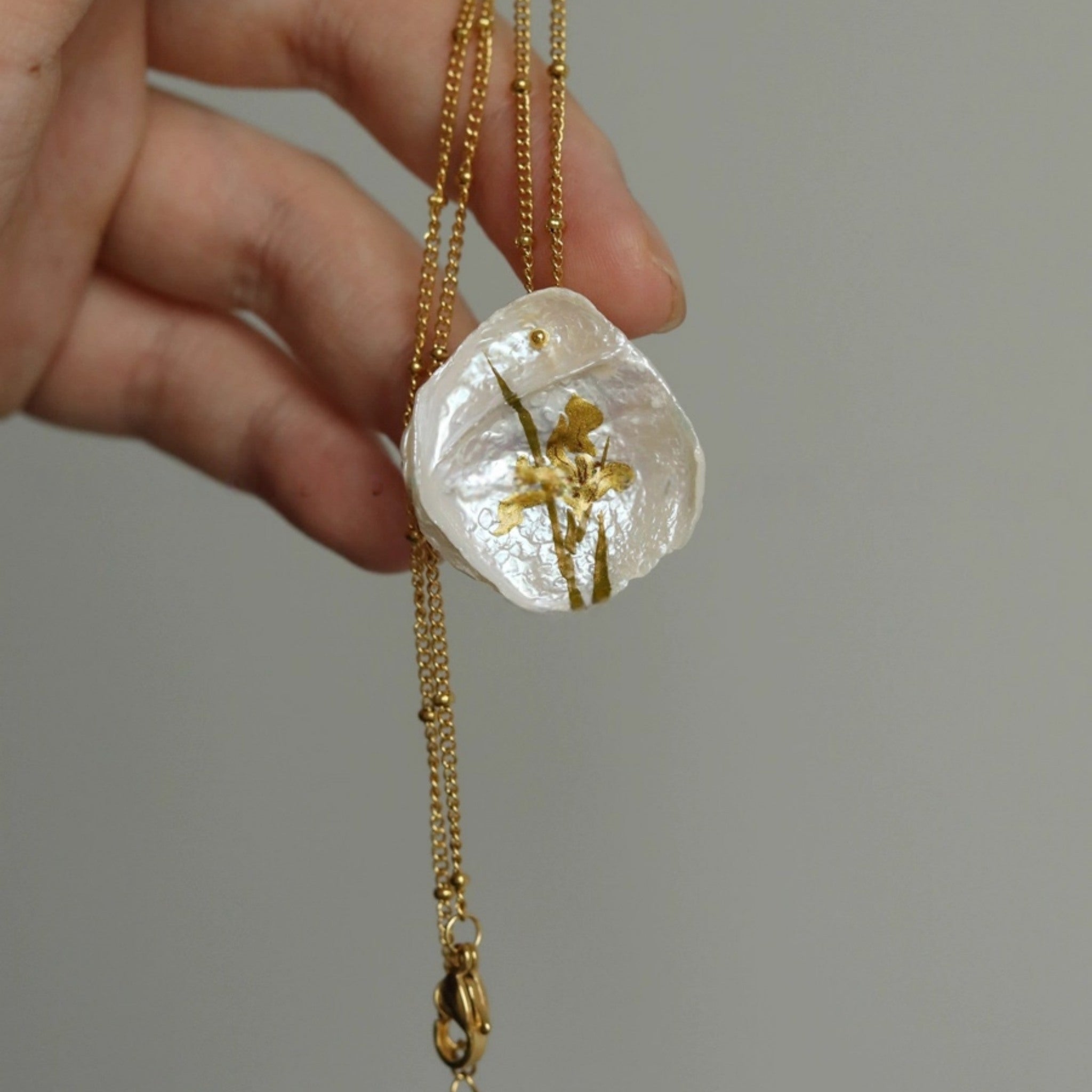 LacLume Irises On Pearls HandPainted Lacquer Jewelry Necklace Aesthetic New Style