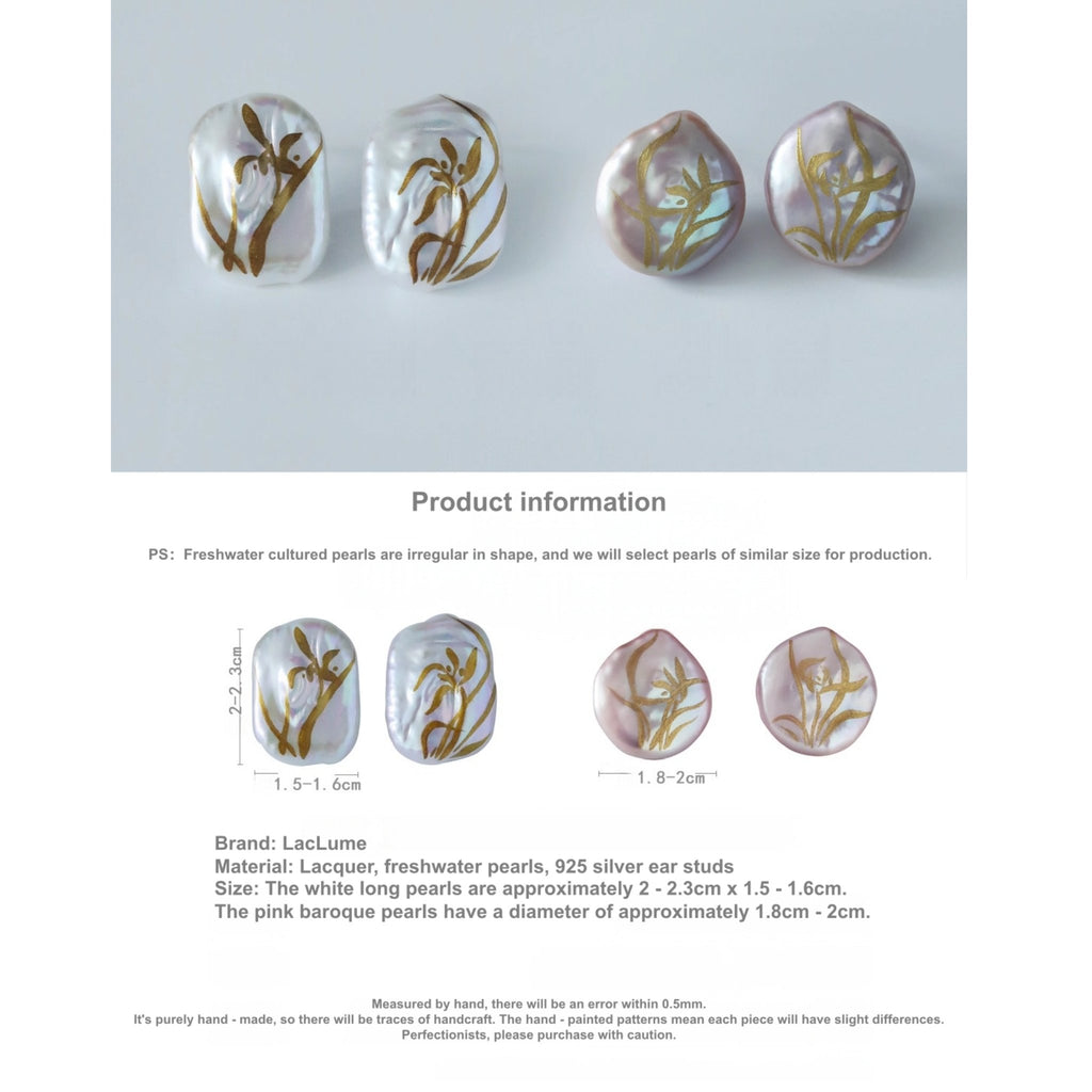 Pearl earrings with floral patterns on a light gray background, featuring product information and brand details.