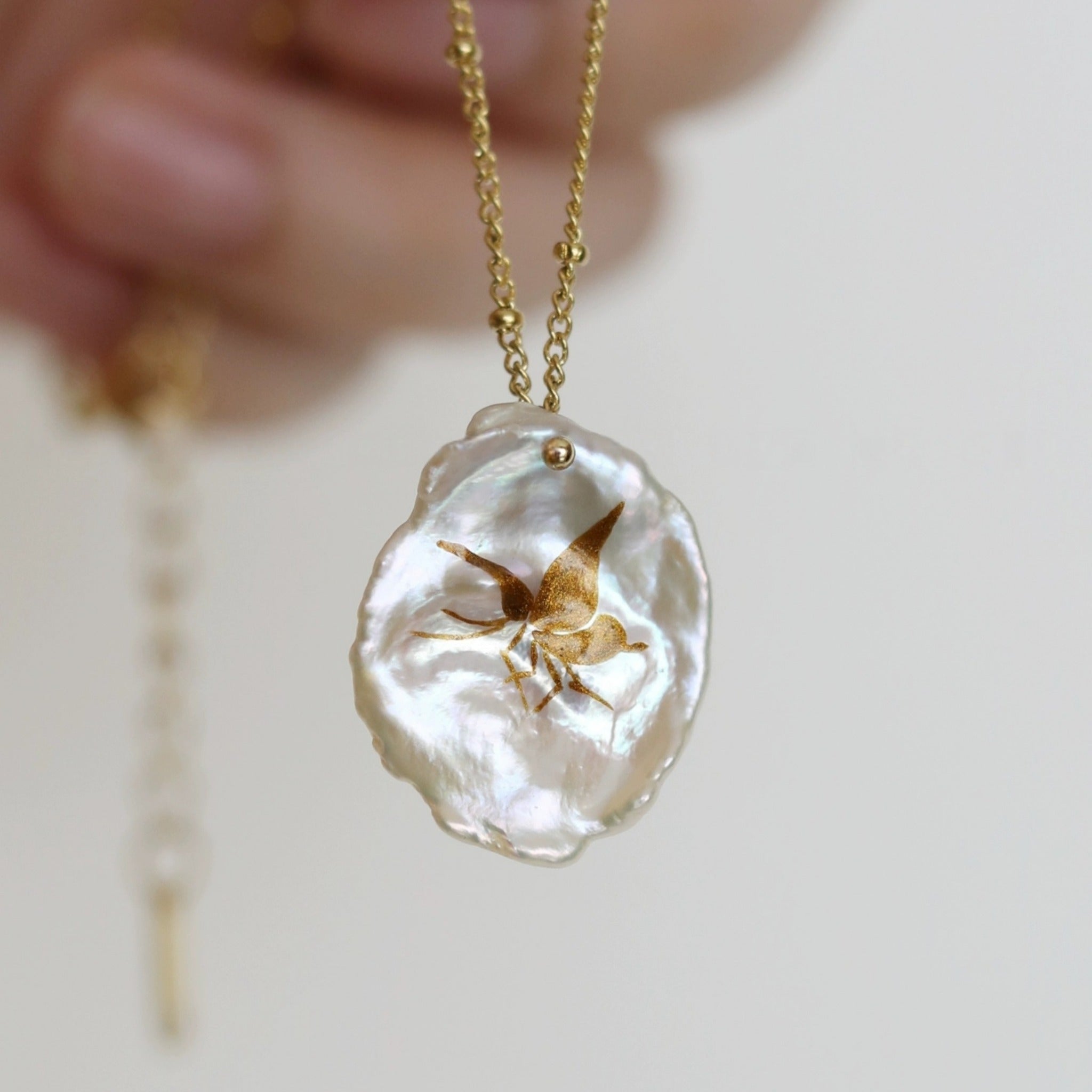 LacLume Handmade Lacquer Necklace Gold-Painted Butterfly Petal Pearl