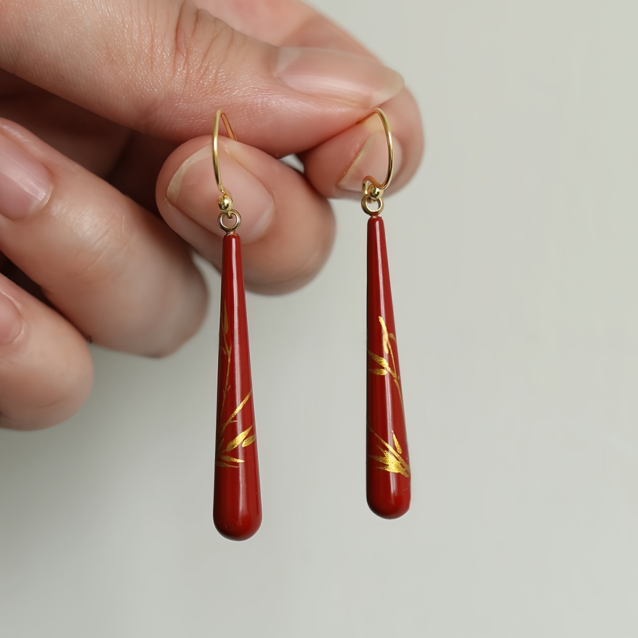 LacLume Lacquer Craft Hand Painted Bamboo Pattern Retro Style Earrings Handmade