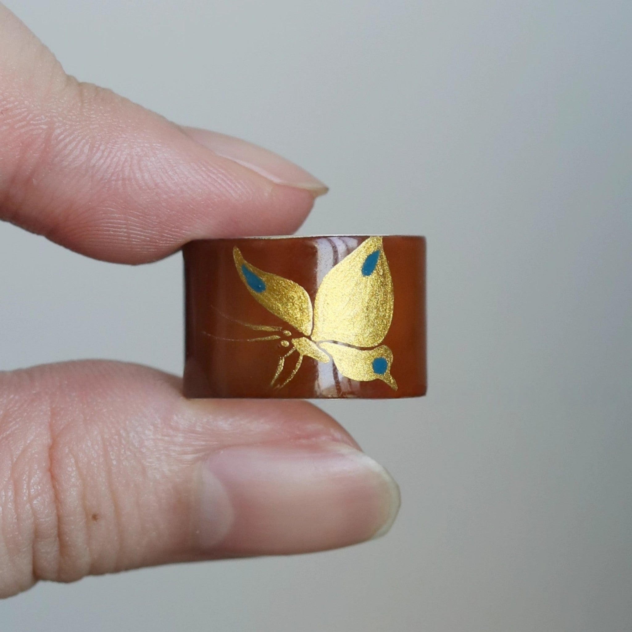 LacLume Butterfly Lacquer Gold HandPainted Butterfly Purple 925 Silver Ring