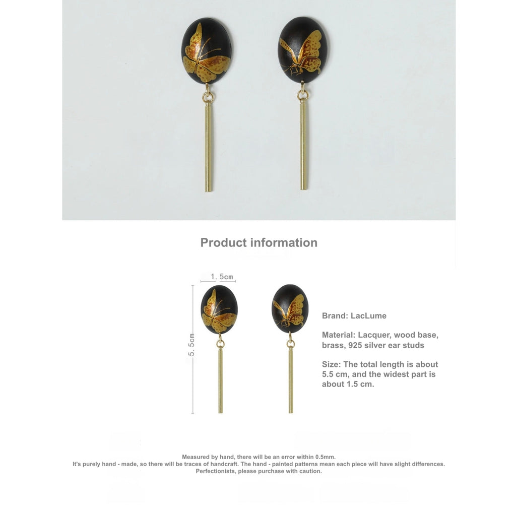 Black and gold butterfly earrings with product information on a white background LacLume Hand-Painted Lacquer Earrings Gold Butterfly Glamour Understated Elegance
