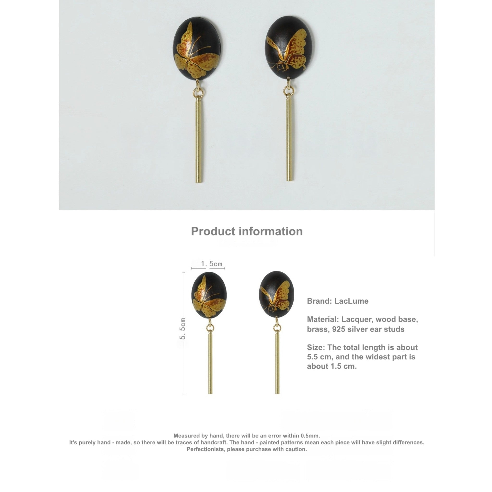 LacLume Hand-Painted Lacquer Earrings Gold Butterfly Glamour Understated Elegance