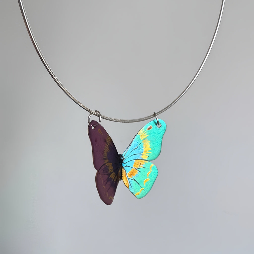 LacLume Hand-Painted Polarized Lacquer Butterfly Necklace Handmade Copper Lacquer Jewelry
