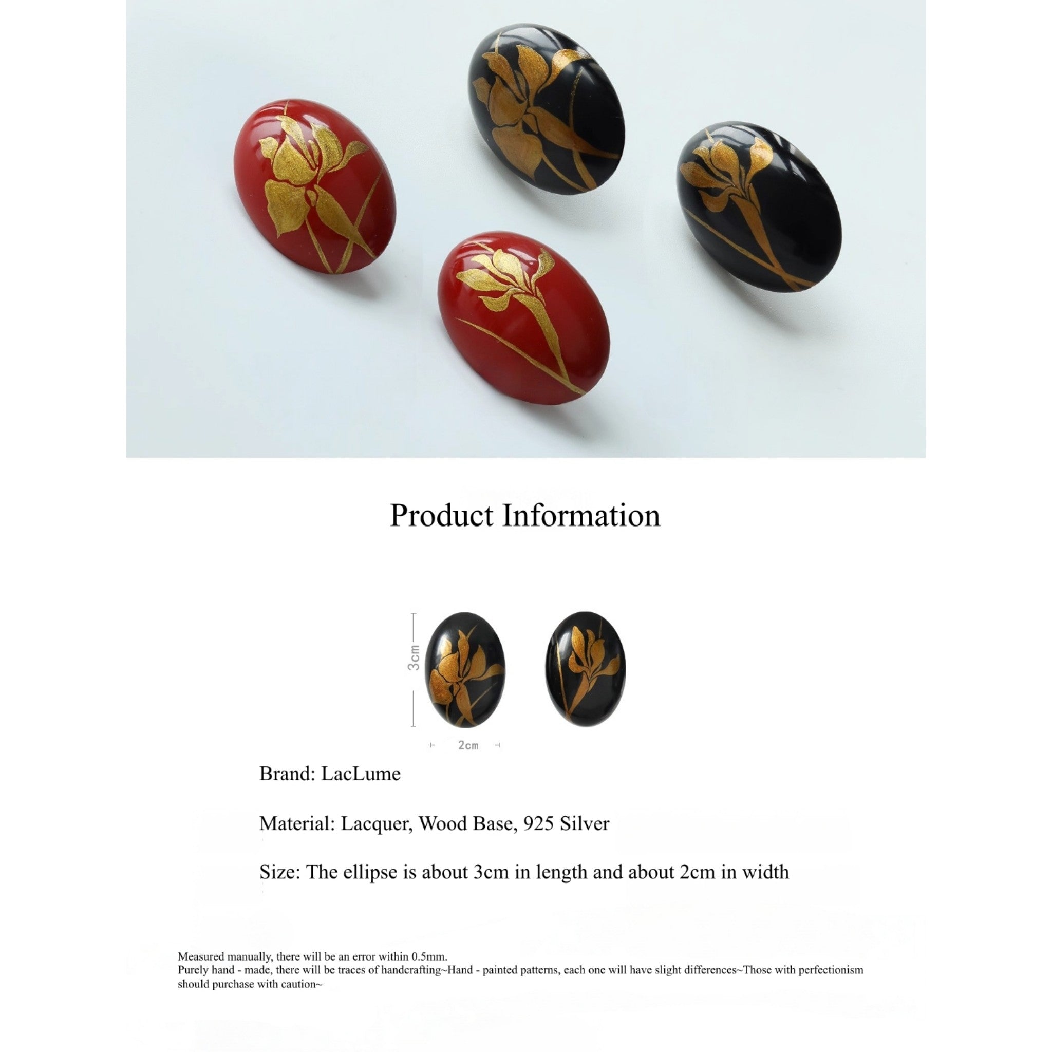 LacLume Original Iris Lacquer Earrings with Gold Traced Hand-Painted Iris Flowers red and black