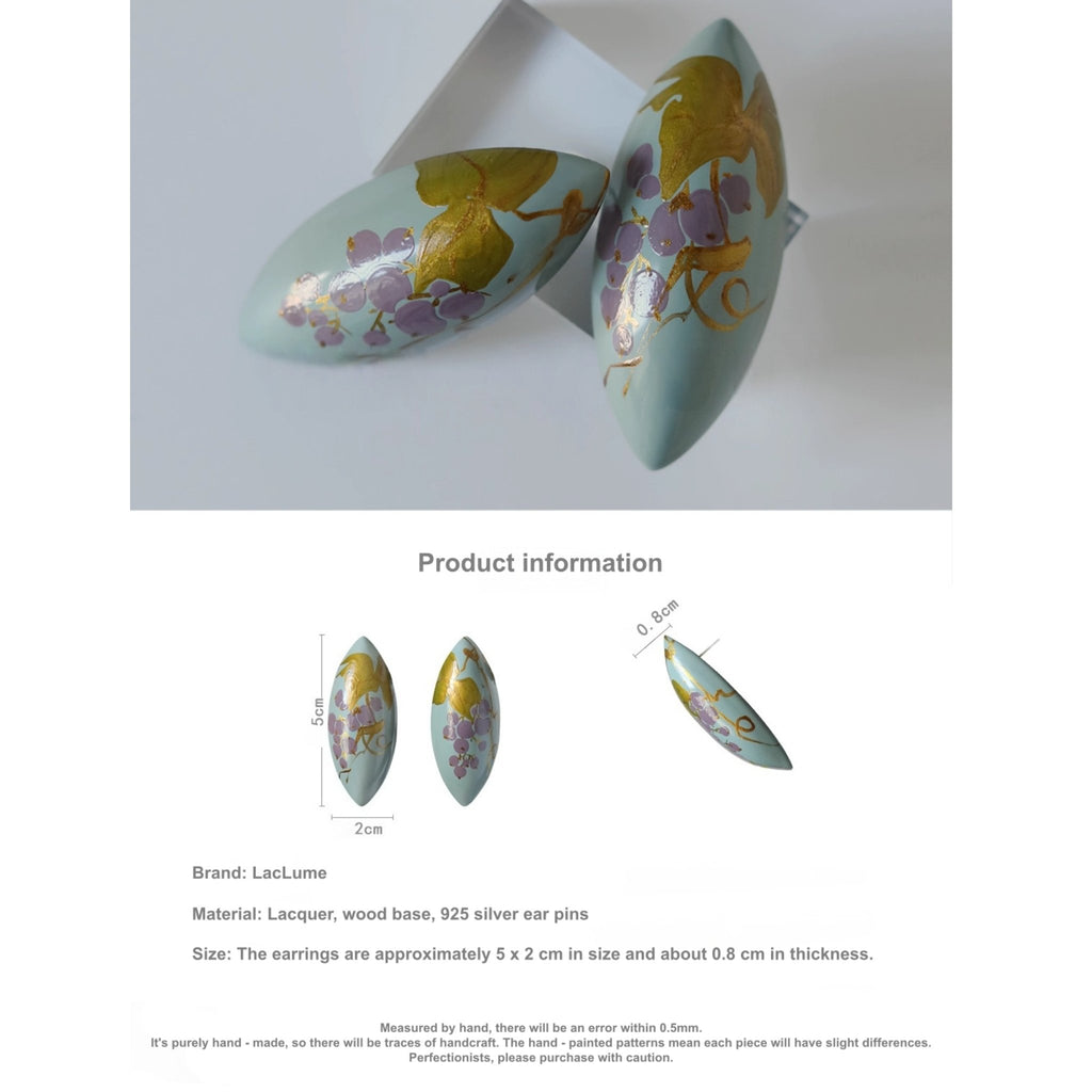 Pair of floral earrings on a white background with product information  LacLume Handcrafted Lacquer Earrings Purple Berry Bubbles Niche Daily Styletext.