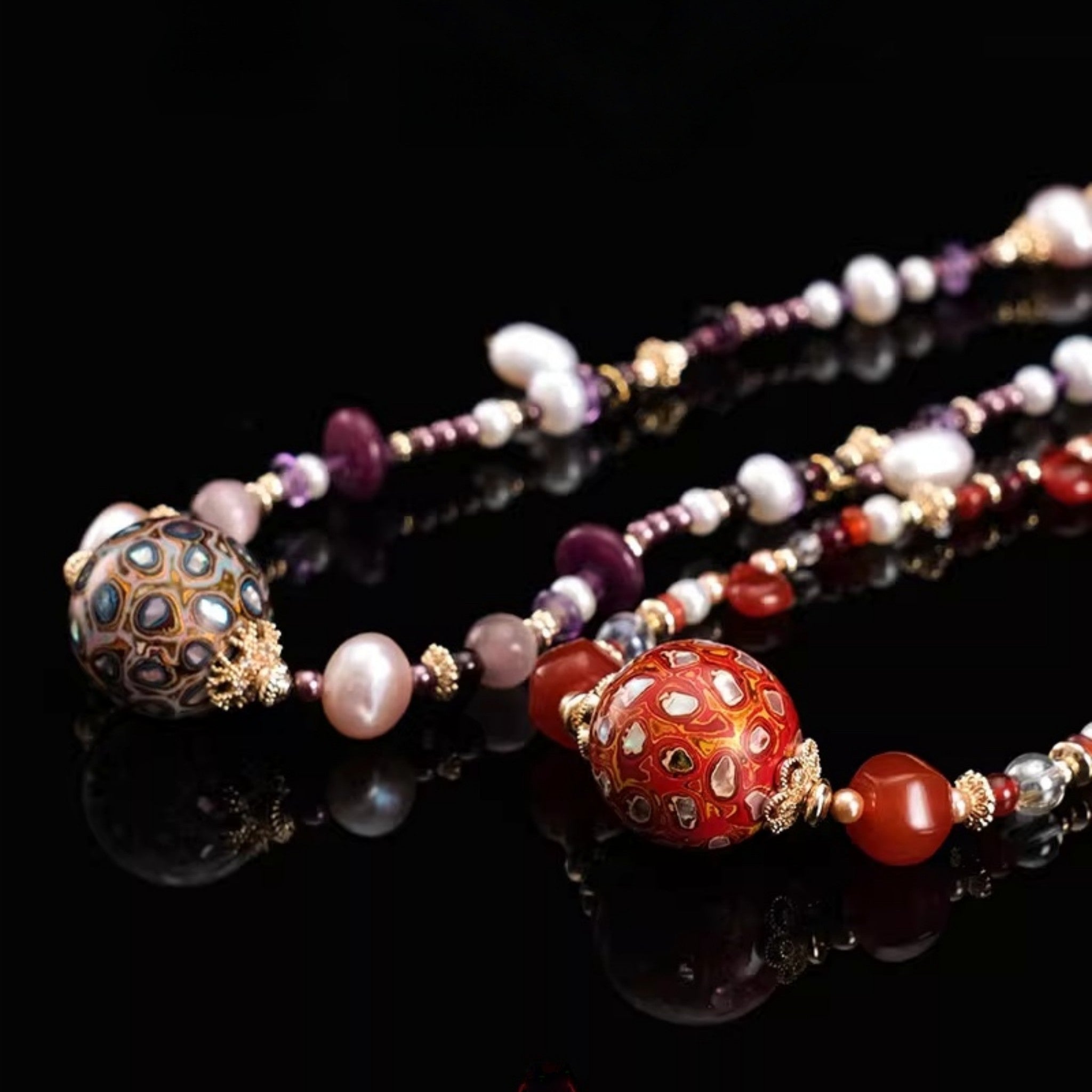 Laclume Lucky Lacquer Beads Necklace Bohemian Style Gold - Plated