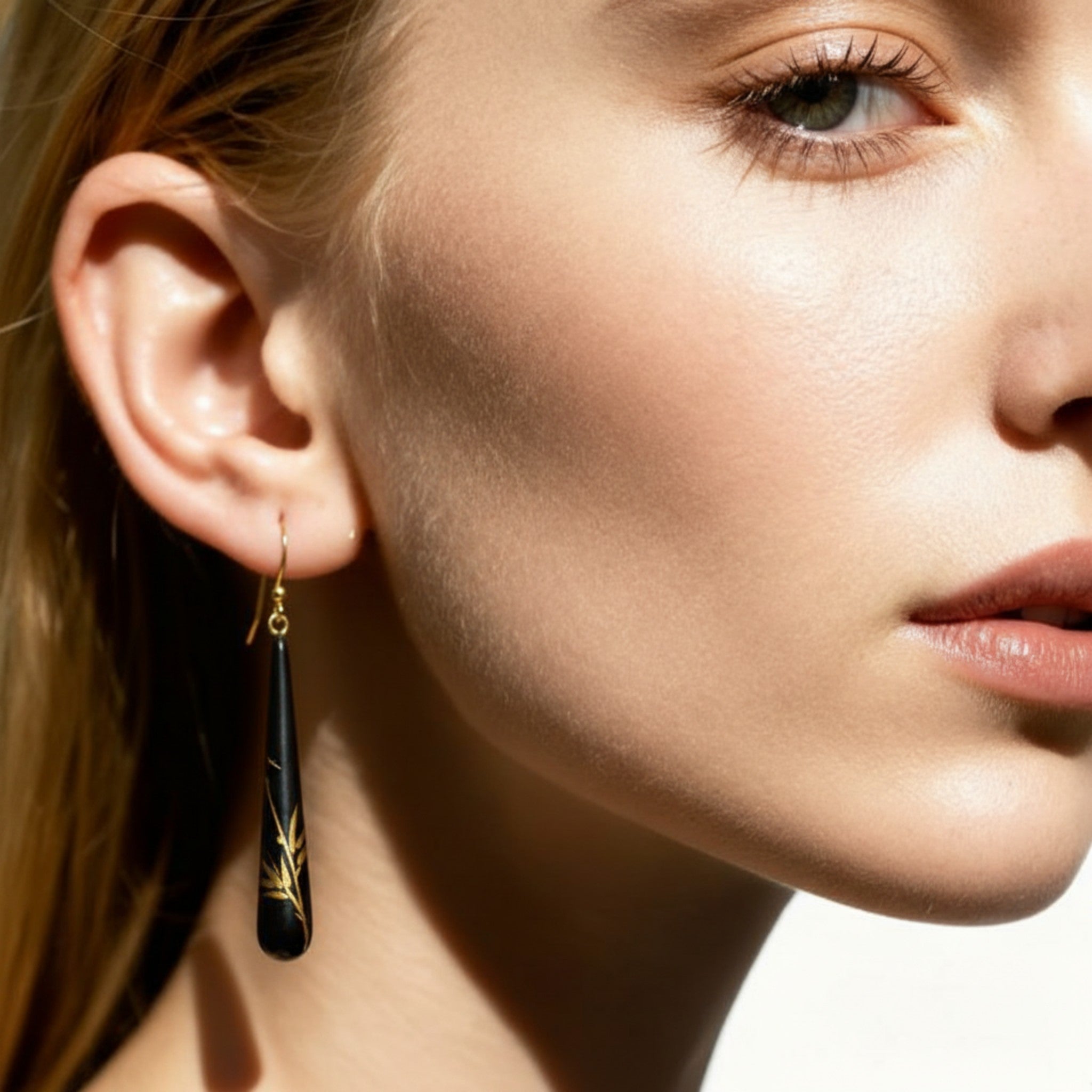 LacLume Lacquer Craft Hand Painted Bamboo Pattern Retro Style Earrings Handmade