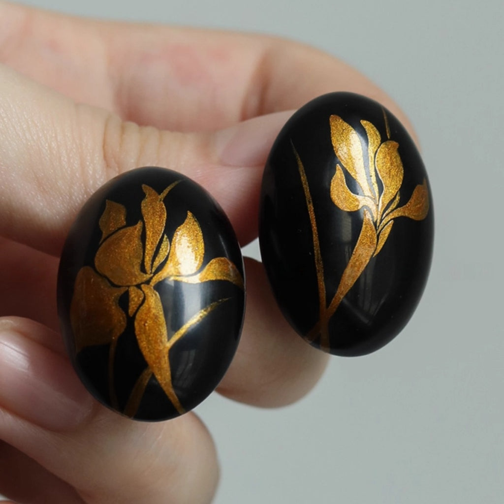 LacLume Original Iris Lacquer Earrings with Gold Traced Hand-Painted Iris Flowers