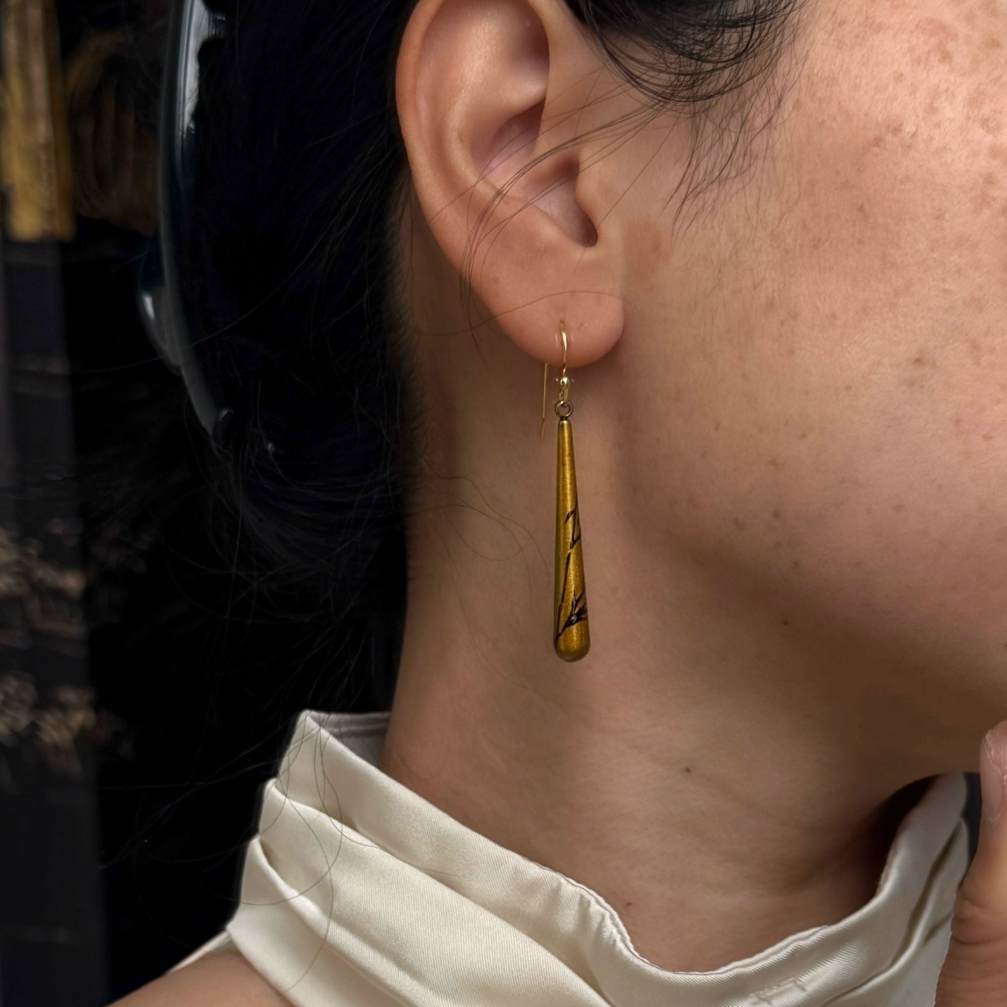 LacLume Lacquer Craft Hand Painted Bamboo Pattern Retro Style Earrings Handmade