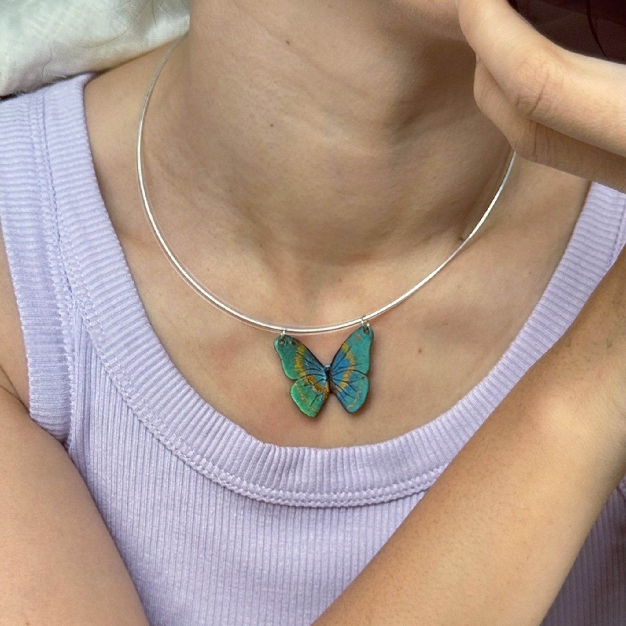 LacLume Hand-Painted Polarized Lacquer Butterfly Necklace Handmade Copper Lacquer Jewelry