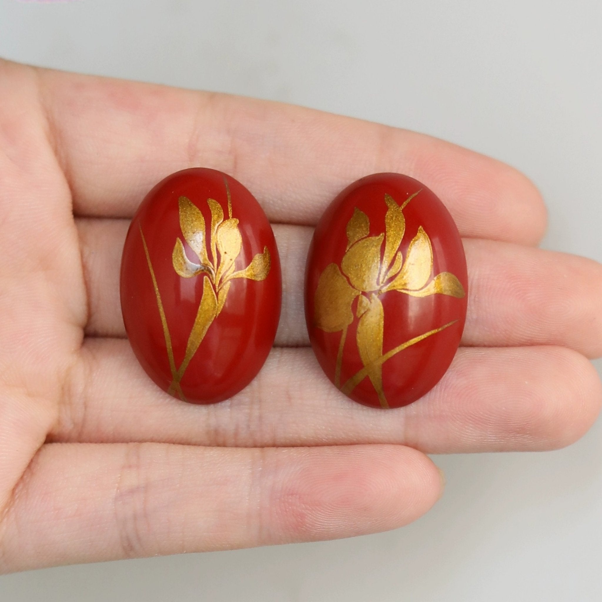 LacLume Original Iris Lacquer Earrings with Gold Traced Hand-Painted Iris Flowers red