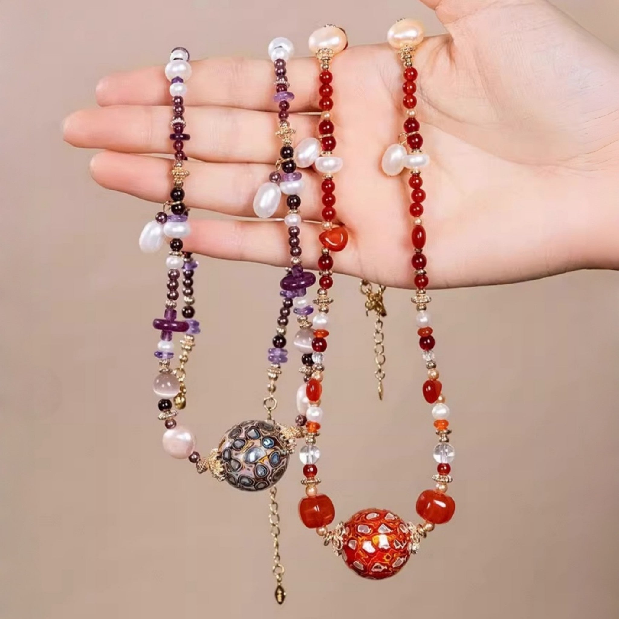 Laclume Lucky Lacquer Beads Necklace Bohemian Style Gold - Plated