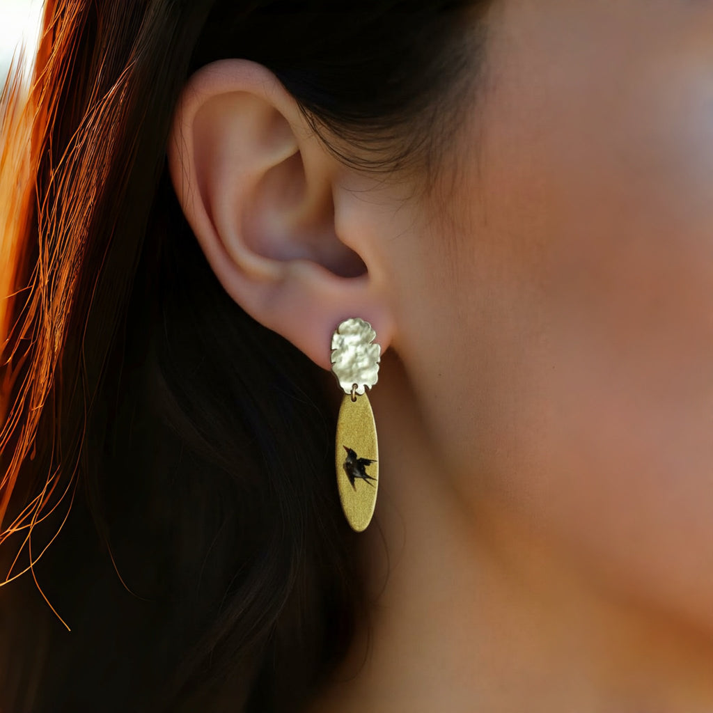 LacLume Lacquer Craft Hand Painted Flying Swallow Earrings