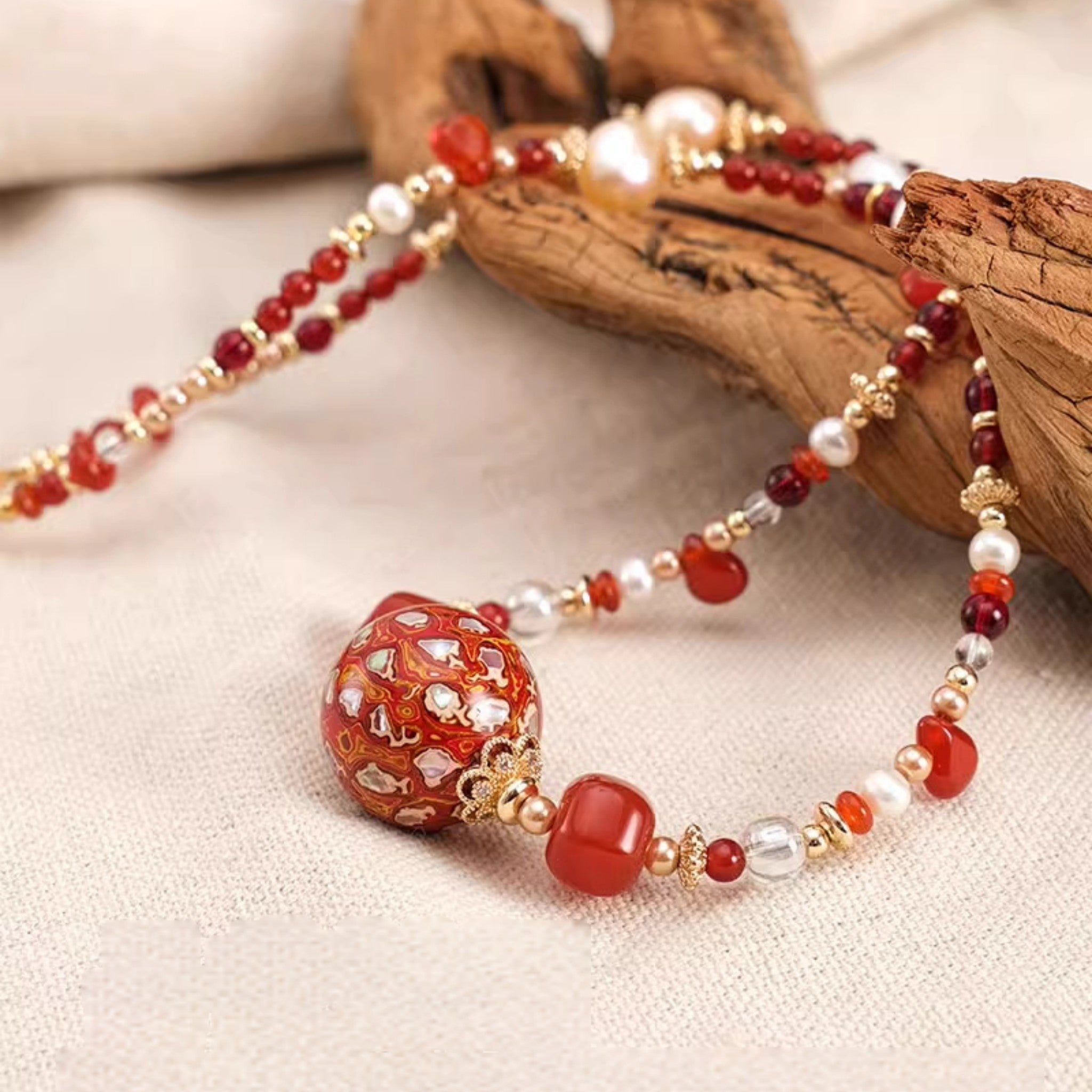 Laclume Lucky Lacquer Beads Necklace Bohemian Style Gold - Plated